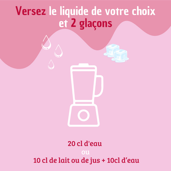 Préparez un smoothie rafraîchissant en quelques secondes ! Versez 20 cl d'eau, ou 10 cl de lait/jus + 10 cl d'eau, ajoutez 2 glaçons, mixez et savourez. Une boisson healthy, fraîche et gourmande.