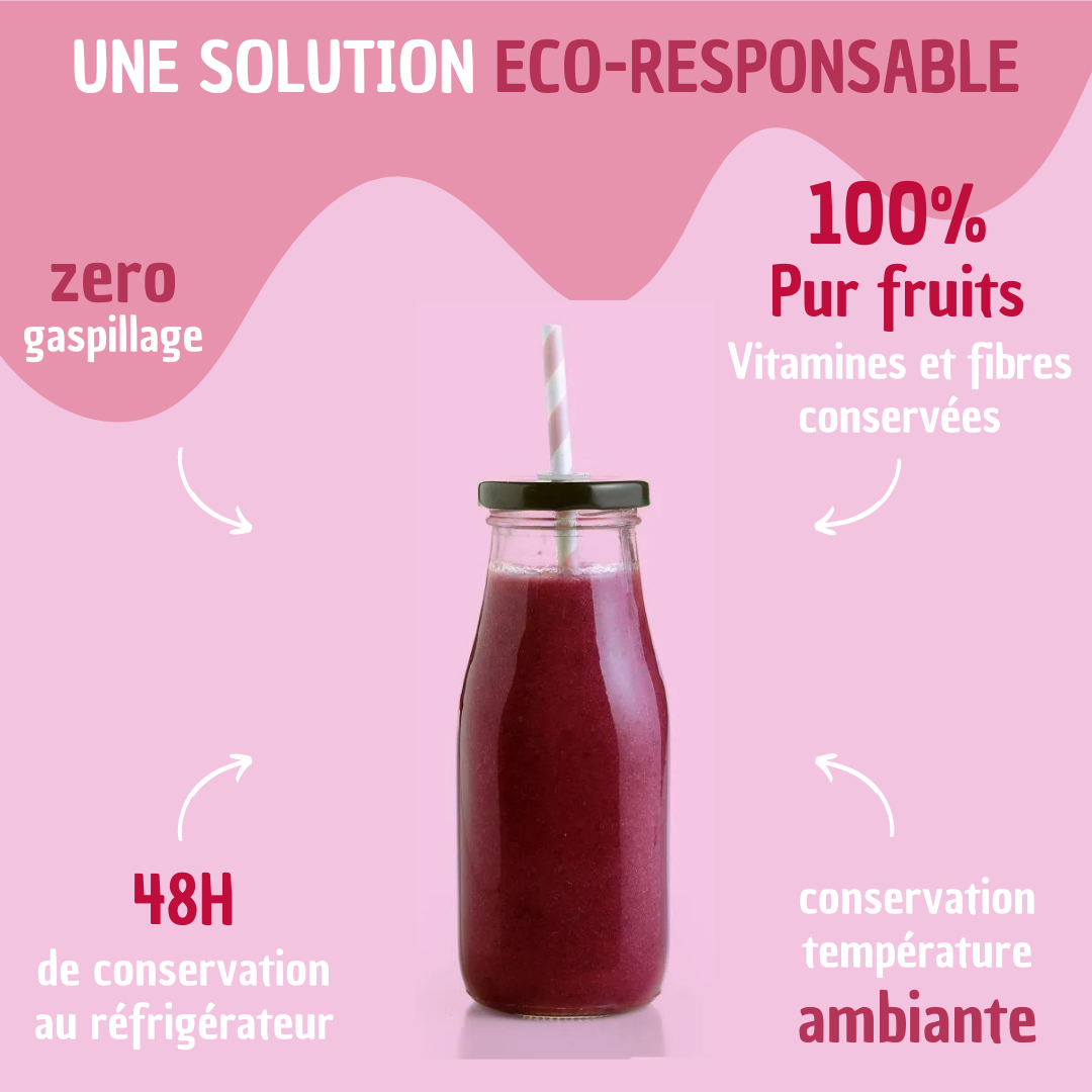 Une solution éco responsable, 0 gaspillage, vitamines et fibres conservées, 48h de conservation au réfrigérateur, conservation à température ambiante. Bouteille rempile de smoothie