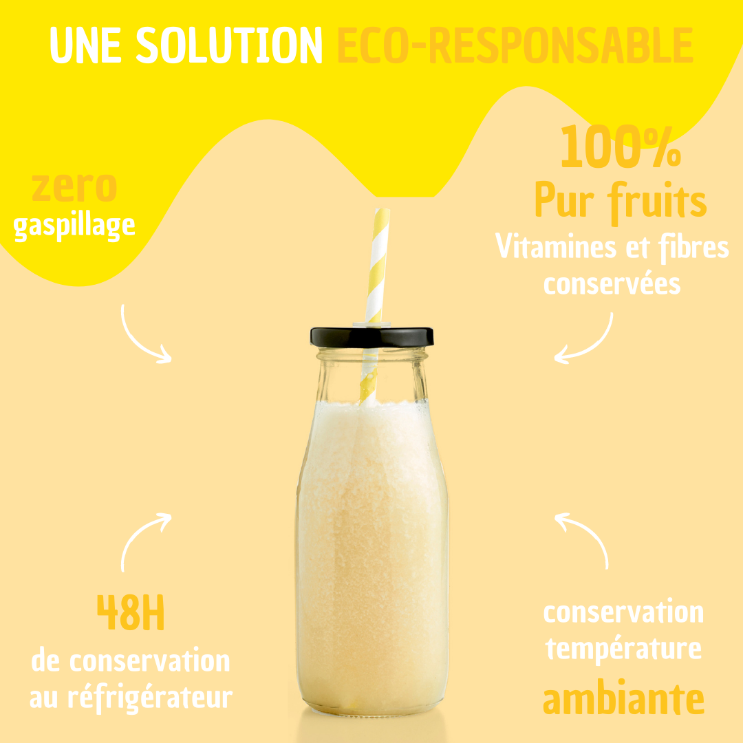 Une solution éco responsable, 0 gaspillage, vitamines et fibres conservées, 48h de conservation au réfrigérateur, conservation à température ambiante. Bouteille remplie de smoothie