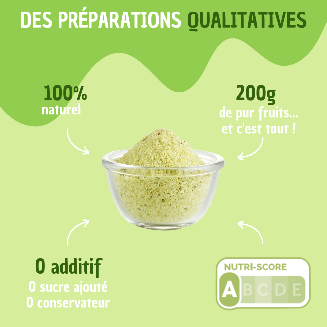 Des préparations qualitatives, 100% naturelles, 200grammes de fruits, 0 additif, nutriscor A. Photo de la préparation de fruits lyophilisés