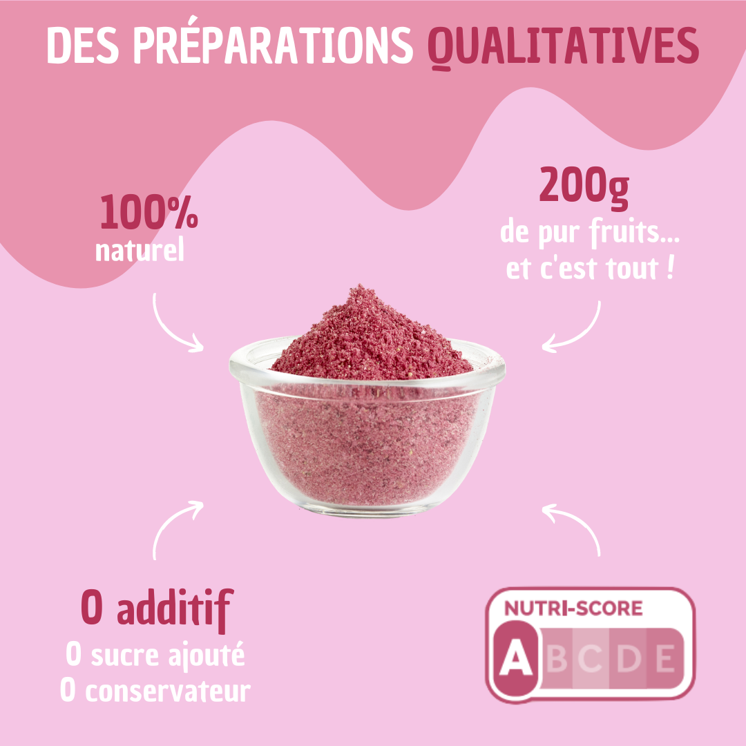 Des préparations qualitatives, 100% naturelles, 200grammes de fruits, 0 additif, nutriscor A. Photo de la préparation de fruits lyophilisés