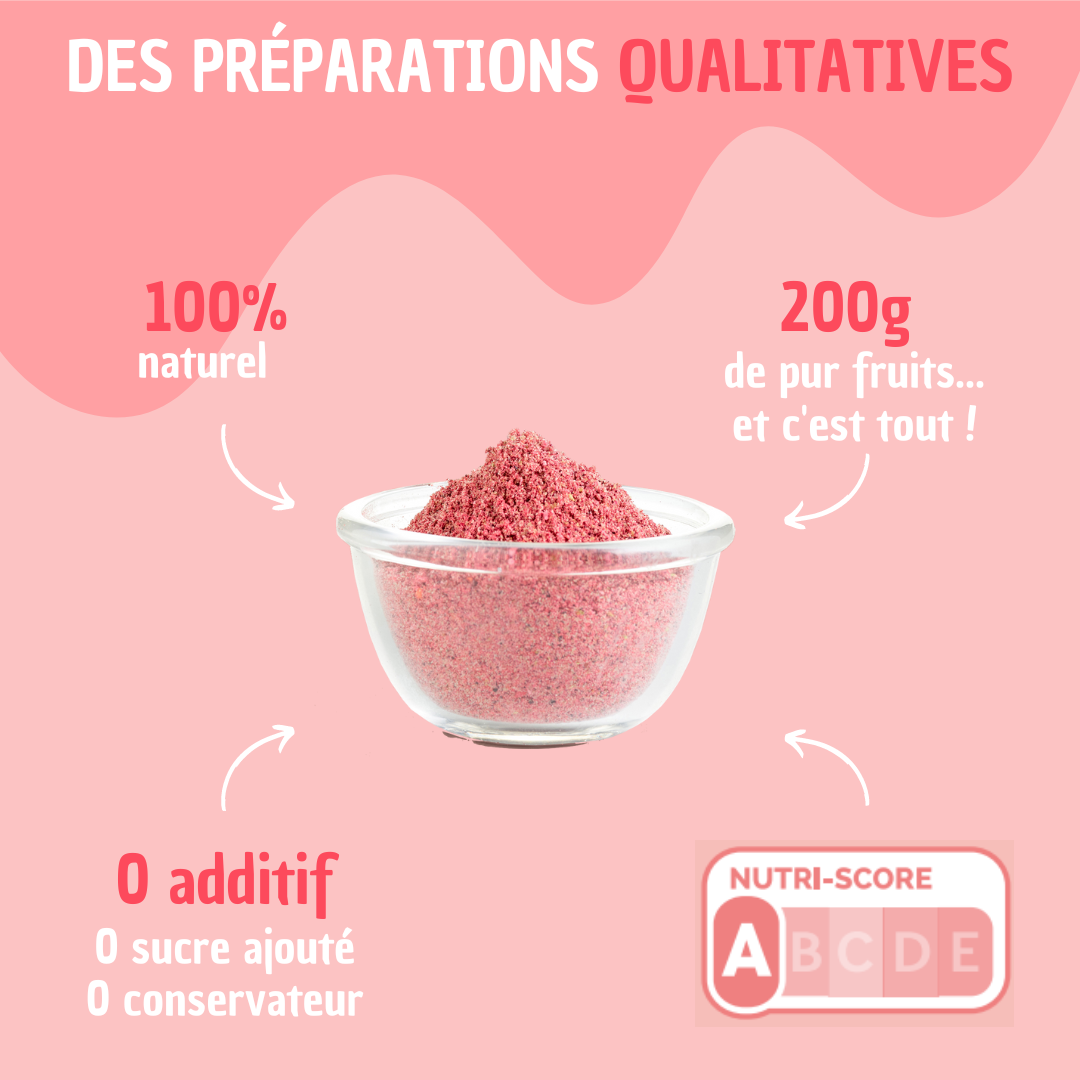 Des préparations qualitatives, 100% naturelles, 200grammes de fruits, 0 additif, nutriscor A. Photo de la préparation de fruits lyophilisés